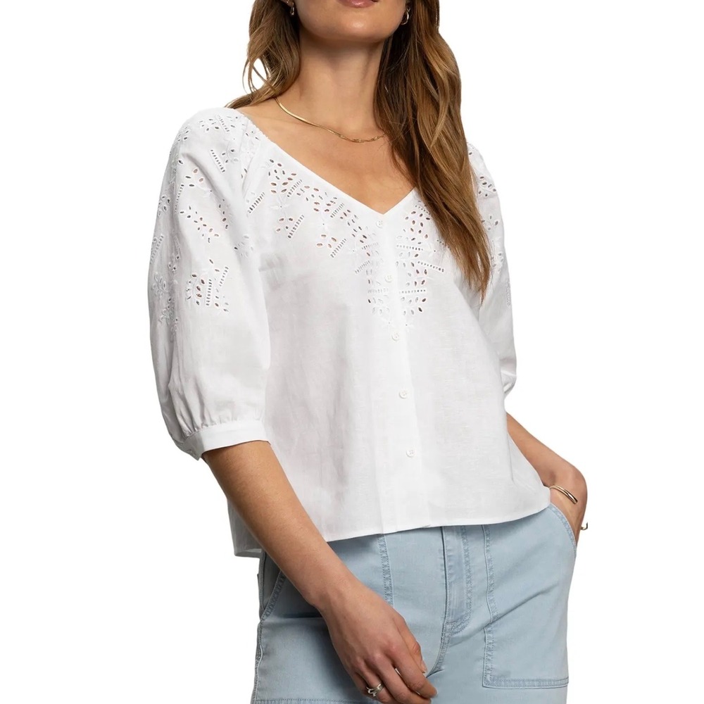 Sanctuary White Linen Blend Eyelet Puff Sleeve Blouse SIZE XL